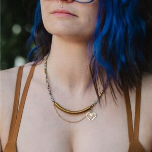 Art Nouveau Statement Necklace - gold beads and gold heart charm 17”